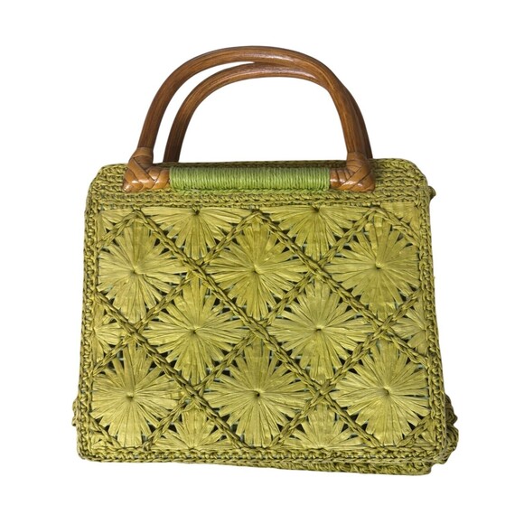 Fossil Straw Mini Satchel Bag Purse Green Double Handle Wood bv - Picture 2 of 7